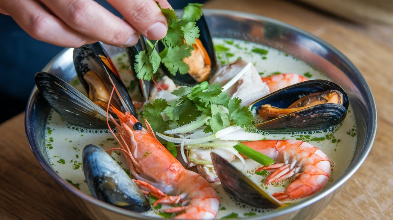 Garnishing seafood soup with fresh herbs