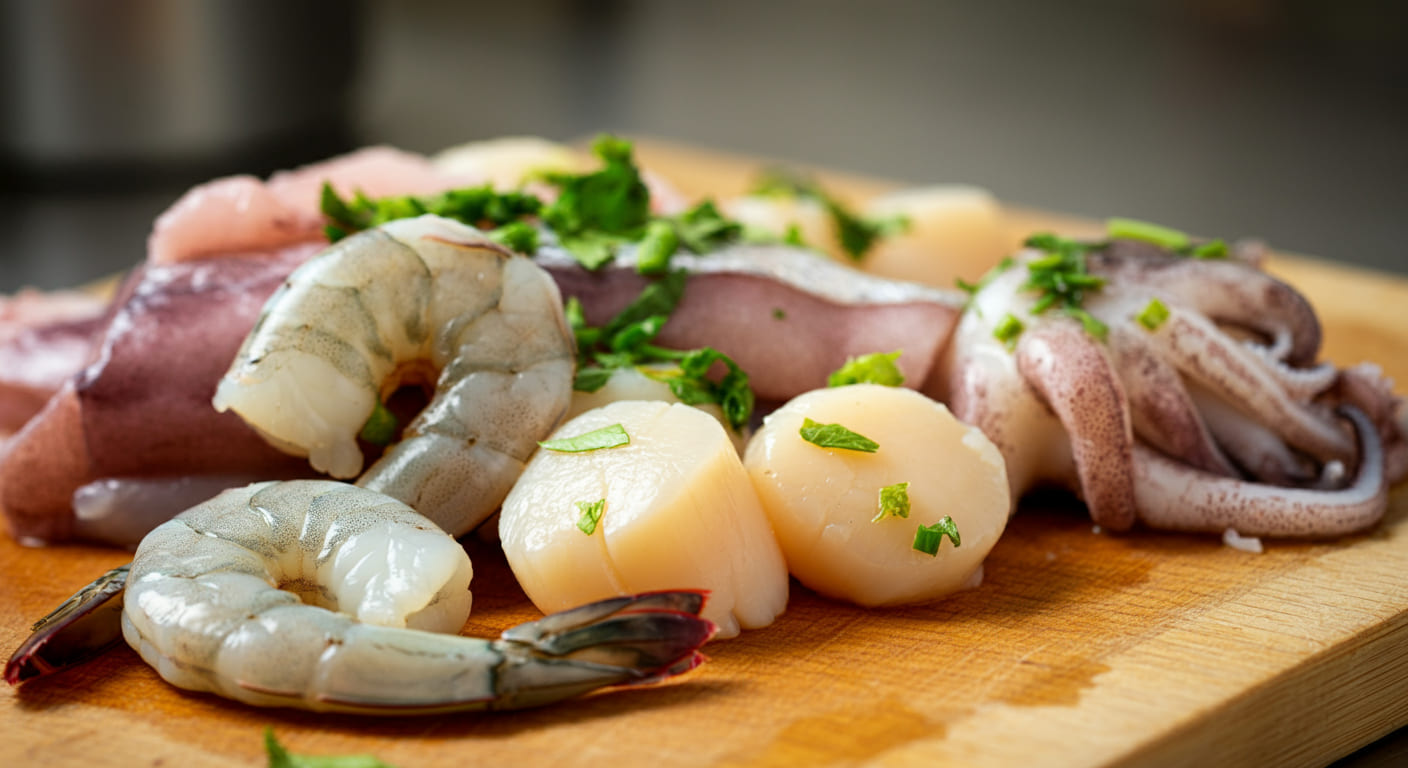 Fresh seafood ingredients for the soup