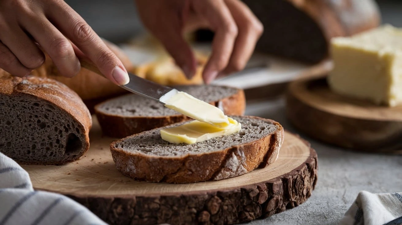 Rustic whole-grain bread slices on a wooden cutting board 