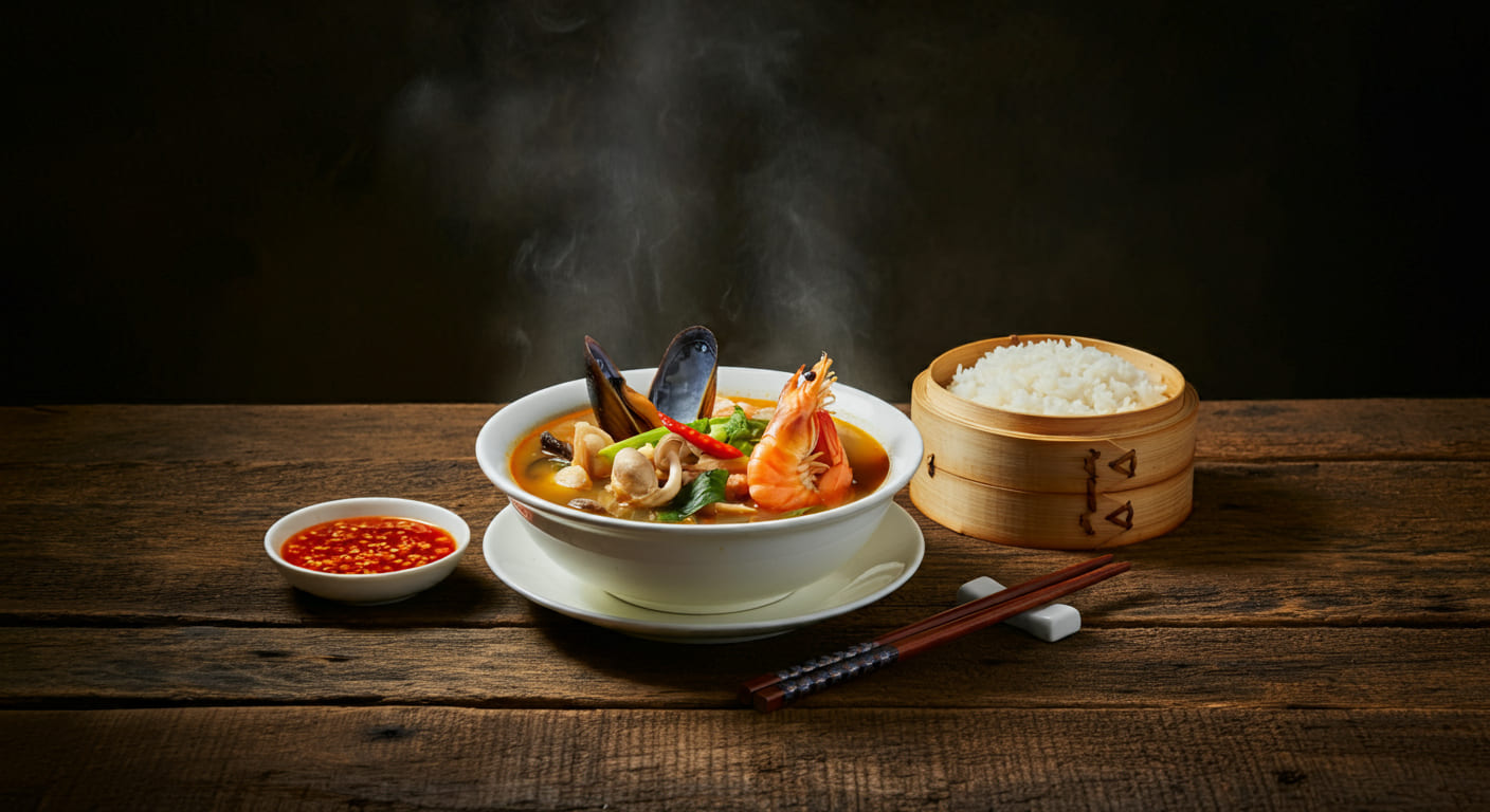 Hot and sour seafood soup served with rice