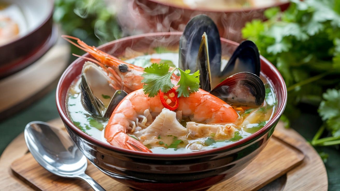 Hot and sour seafood soup in a bowl