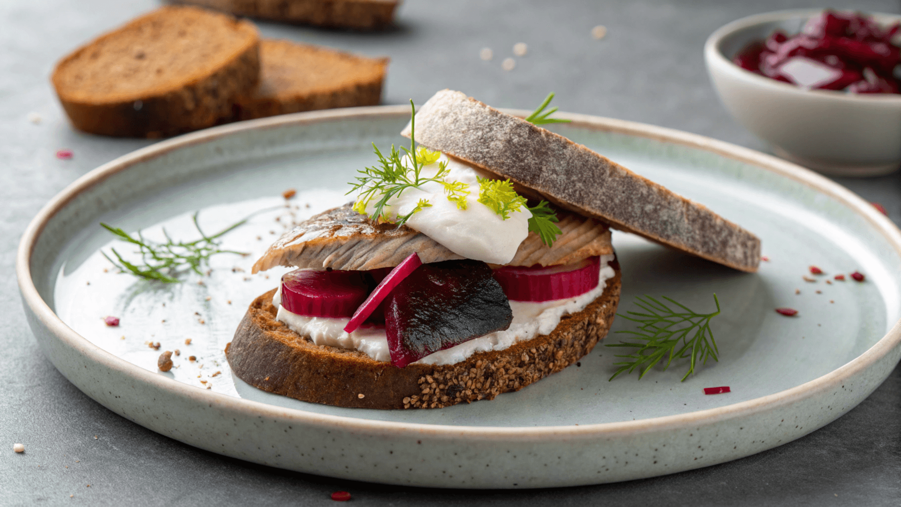 A variation of Matjesbrötchen with rye bread and unique toppings