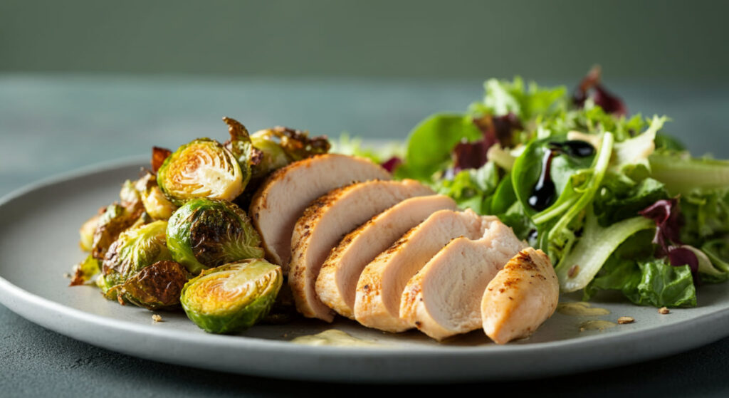 Delicious plate of thin sliced chicken breast with vegetables and sides