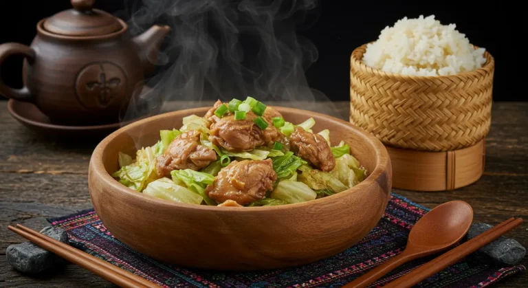 Traditional Hmong cabbage and chicken with sticky rice