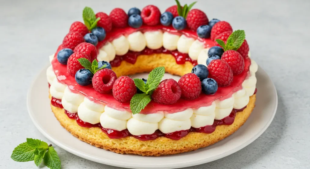 decorative pastry with frosting and fruit