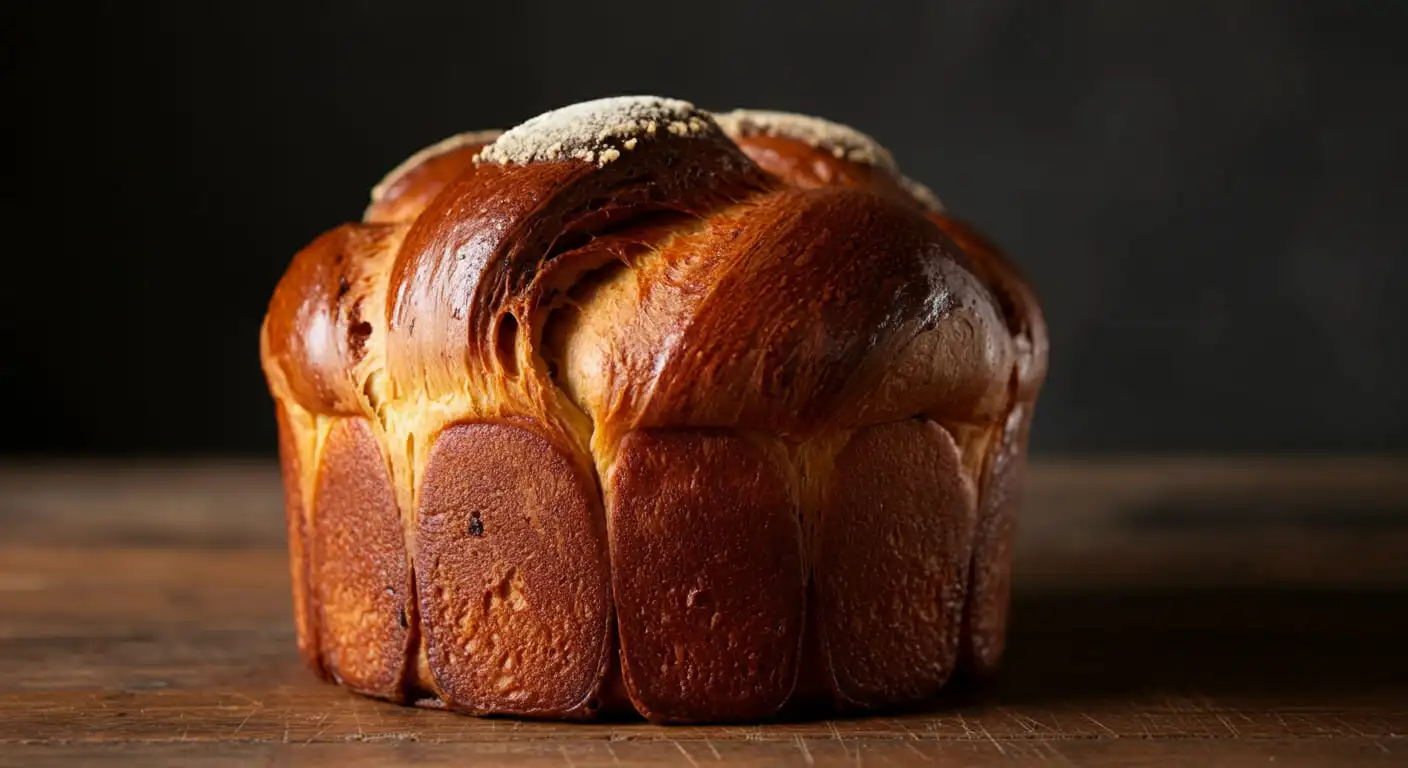 A close-up image of freshly baked brioche bread