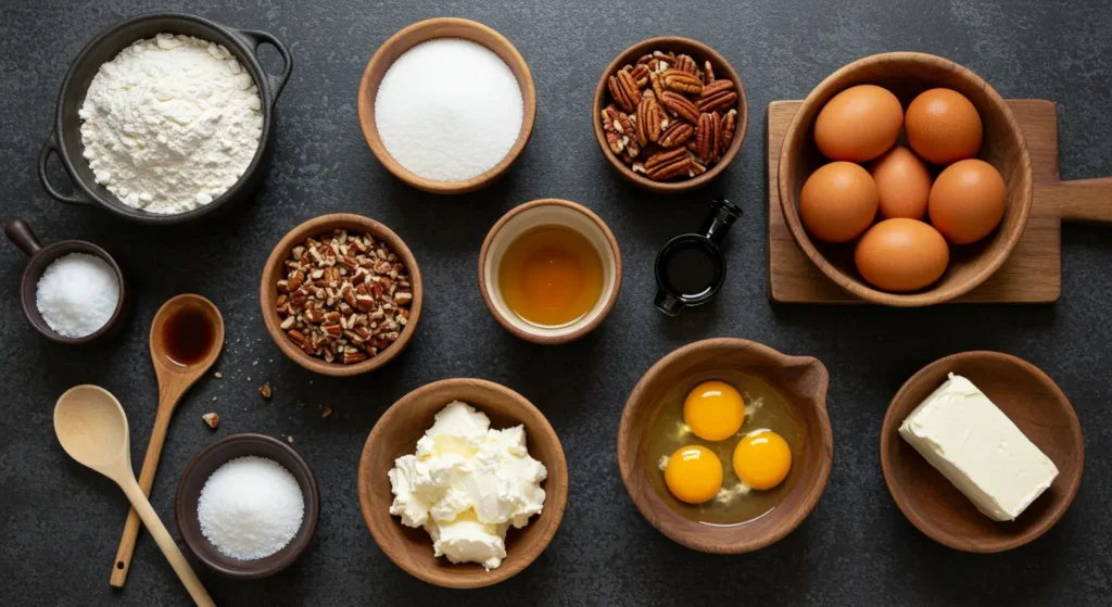 Baking essentials like flour, butter, sugar, and eggs on a marble surface.