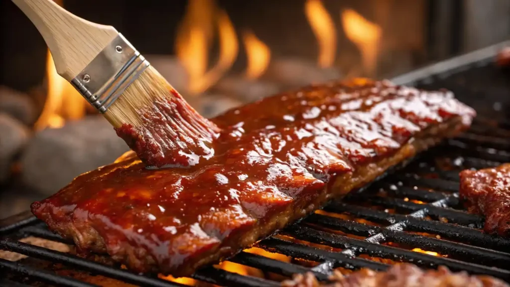 Sticky jelly-based barbecue sauce being brushed on ribs over a smoky grill.