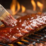 Sticky jelly-based barbecue sauce being brushed on ribs over a smoky grill.