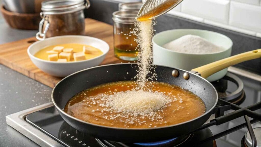 "Golden caramel being poured into a round baking mold."