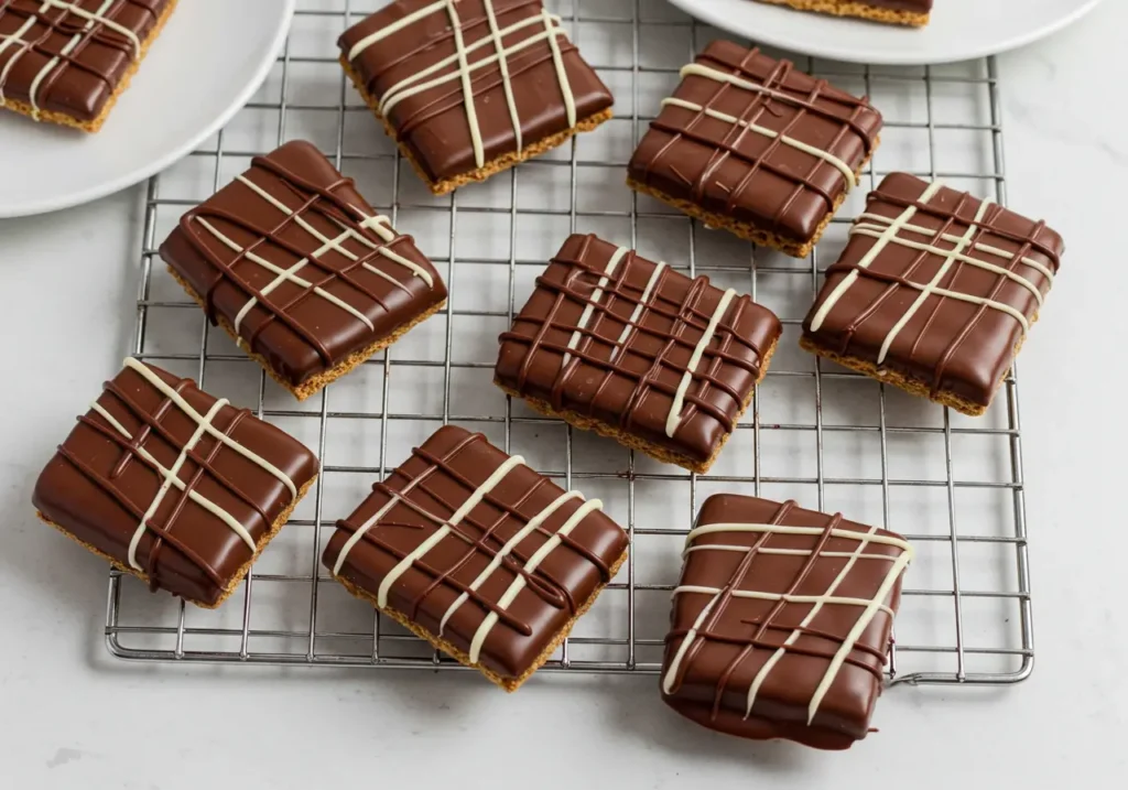 A batch of square chocolate-covered graham crackers with a decorative drizzle of white and dark chocolate placed on a cooling rack.