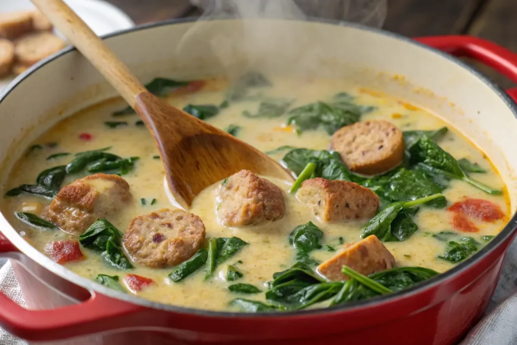 Pot of creamy Parmesan Italian sausage soup simmering on the stove