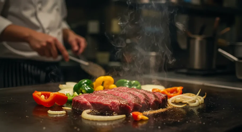 Ribeye steak cooking on a skillet with vegetables