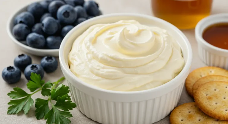 Cream cheese and its ingredients on a wooden kitchen counter