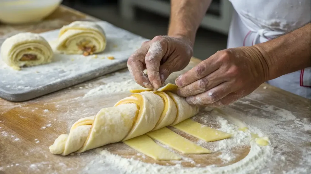 Baker folding laminated croissant dough