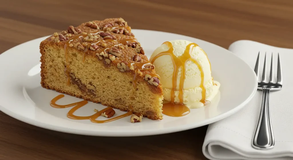 A plated dessert slice with ice cream and caramel topping.