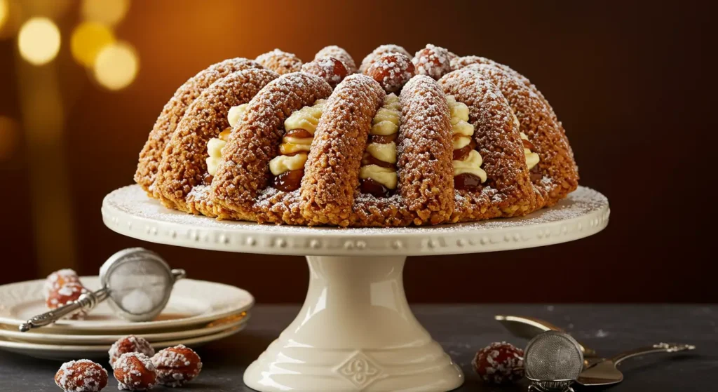 A festive dessert topped with sugared nuts and powdered sugar.