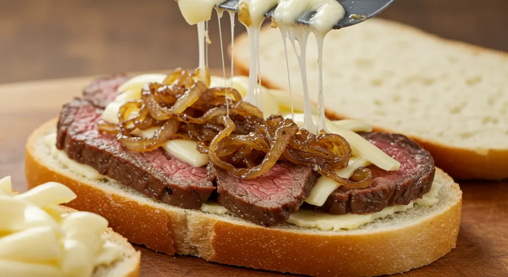 Bread being filled with steak and melted cheese.