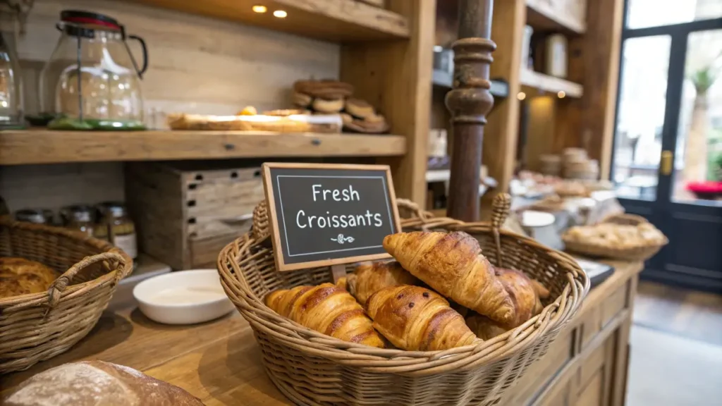 Fresh croissants displayed in a Parisian bakery