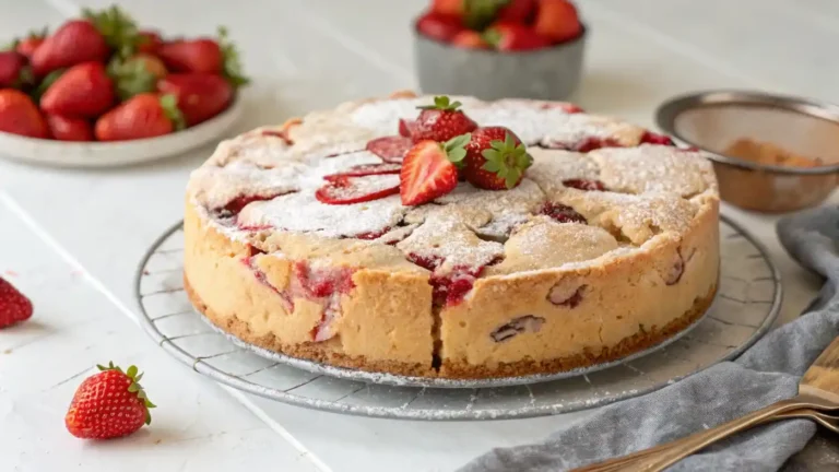 Strawberry earthquake cake with swirls of cream cheese and fresh strawberries