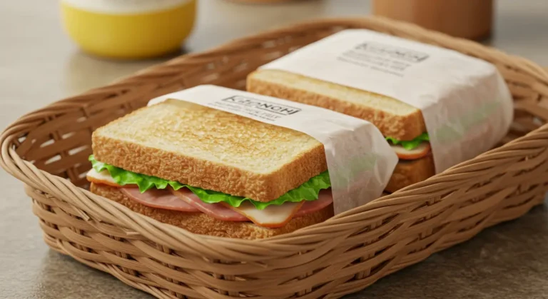 Two neatly wrapped sandwiches with ham, lettuce, and cheese, presented in a wicker basket.
