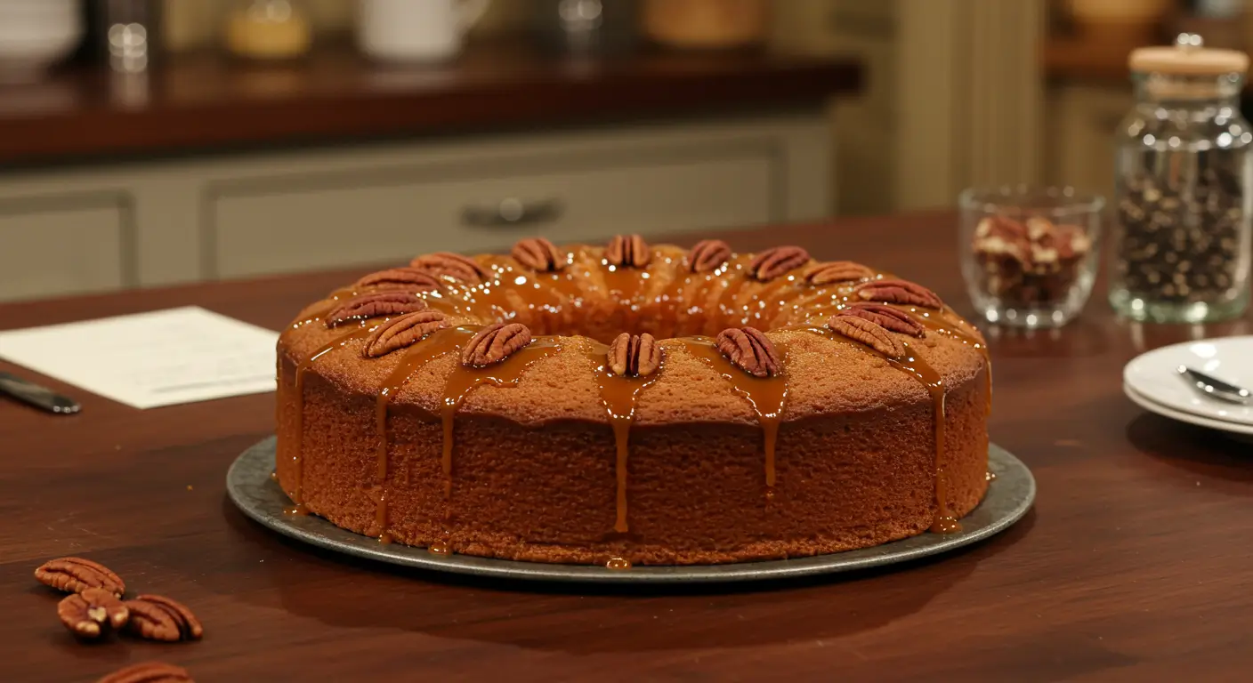 A beautifully baked cake on a rustic table with caramel sauce.