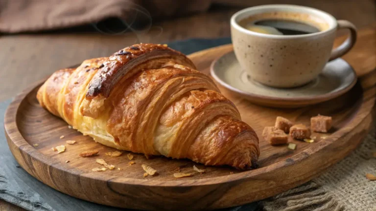 Golden croissant with coffee on a wooden plate