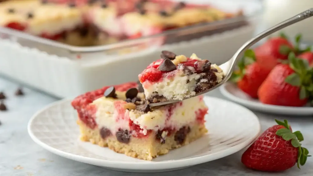 Side view of strawberry earthquake cake slice with cream cheese layers