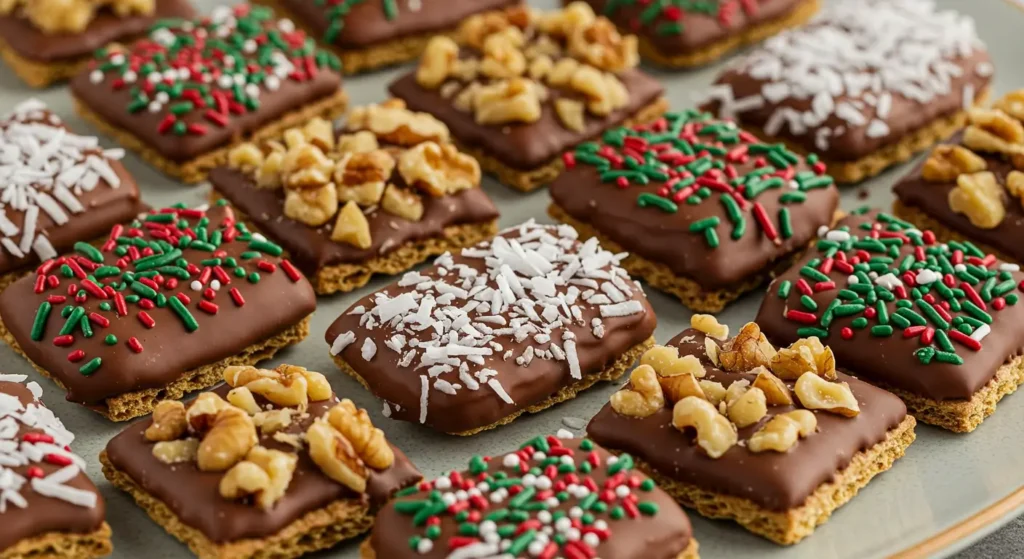 Assorted chocolate covered graham crackers with holiday decorations.