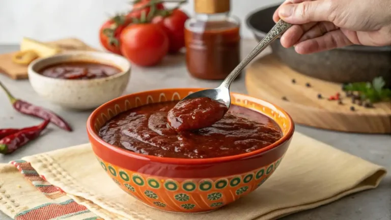 A bowl of homemade barbecue sauce from jelly with a barbecue brush and jars of jelly in the background.