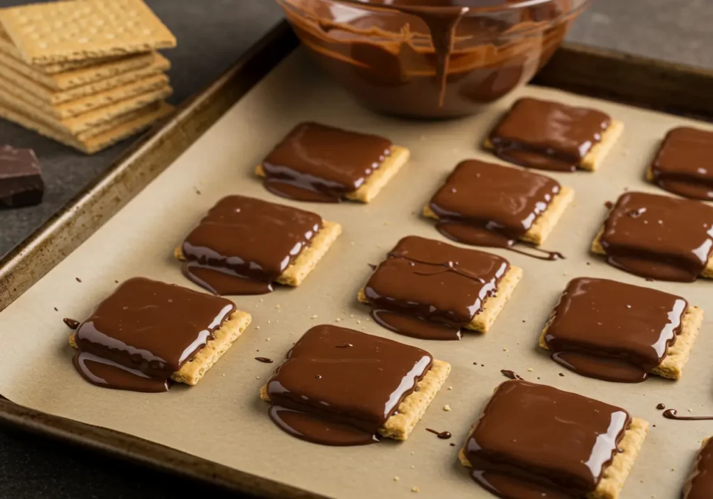 Step-by-step guide to making chocolate covered graham crackers.