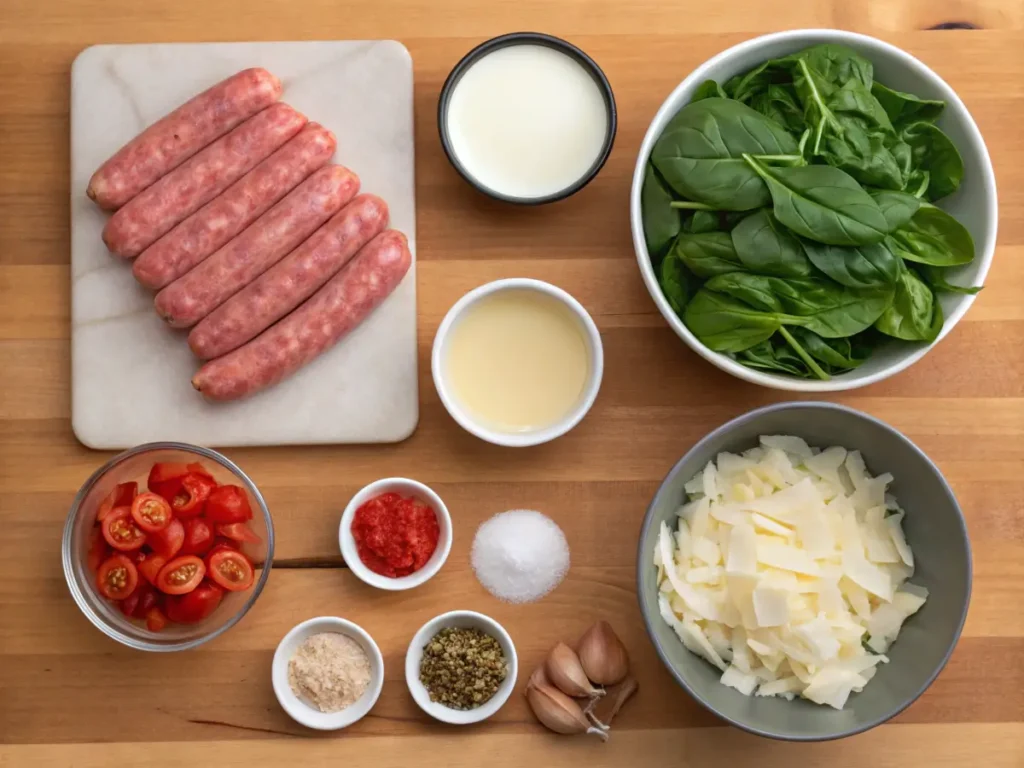 Ingredients for creamy Parmesan Italian sausage soup on a wooden table.