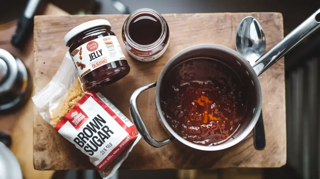 Flat-lay of ingredients for jelly-based barbecue sauce, including grape jelly, vinegar, and spices on a wooden surface