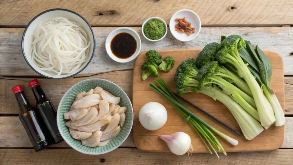 Fresh ingredients like noodles and vegetables ready for cooking