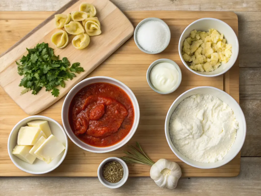 Ingredients for thickening tortellini sauce on a wooden countertop.