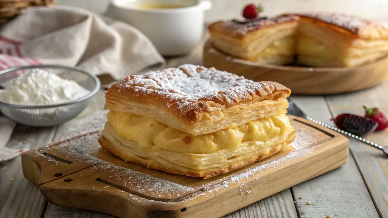 Golden-brown puff pastry filled with creamy custard.