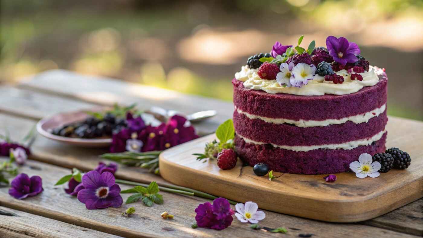 "Purple velvet cake with cream cheese frosting surrounded by edible flowers on a rustic table."