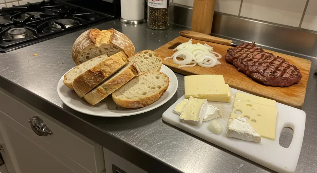 A hollowed-out bread loaf with steak onion and cheese ingredients.