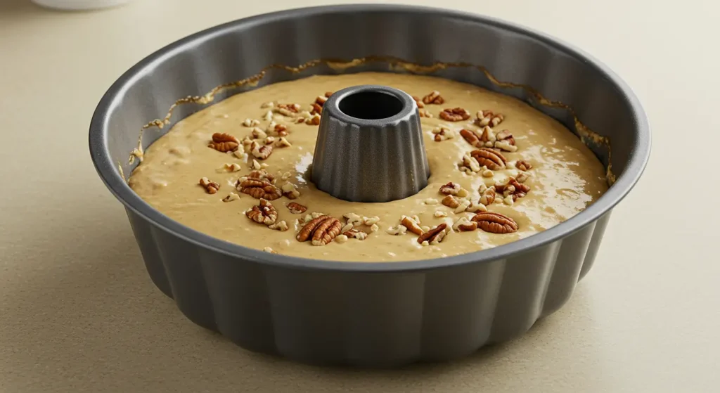Smooth batter in a bundt pan, topped with toasted nuts.
