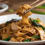 Wide rice noodles with chicken and greens being picked up with chopsticks