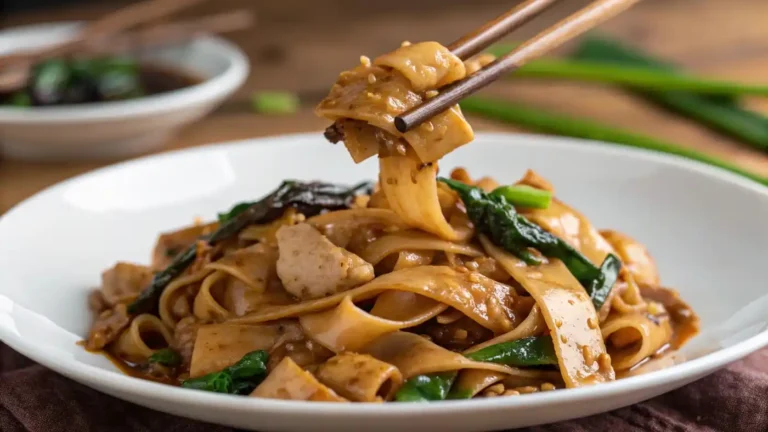 Wide rice noodles with chicken and greens being picked up with chopsticks