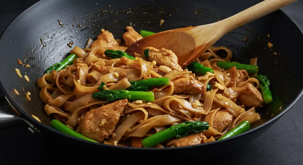 Noodles being stir-fried in a wok with fresh ingredients