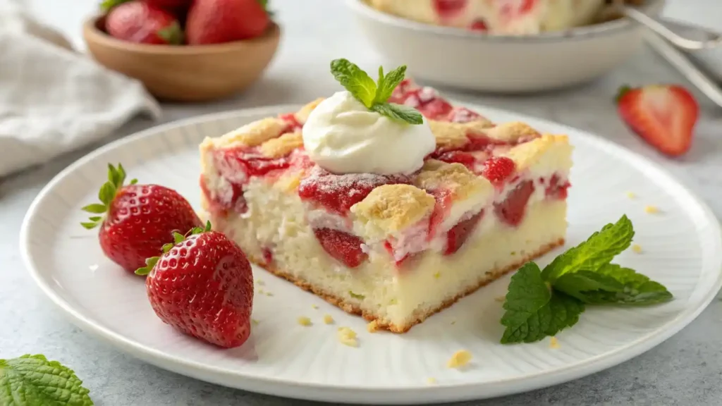 A slice of strawberry earthquake cake with cream cheese swirls