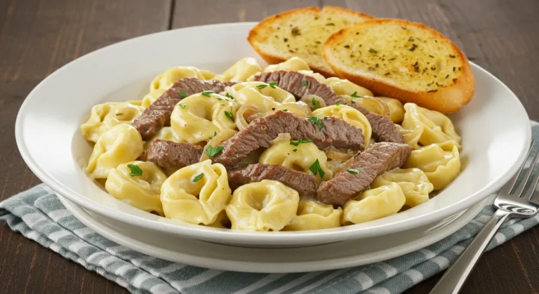 A shallow bowl with tortellini in a rich cheese sauce