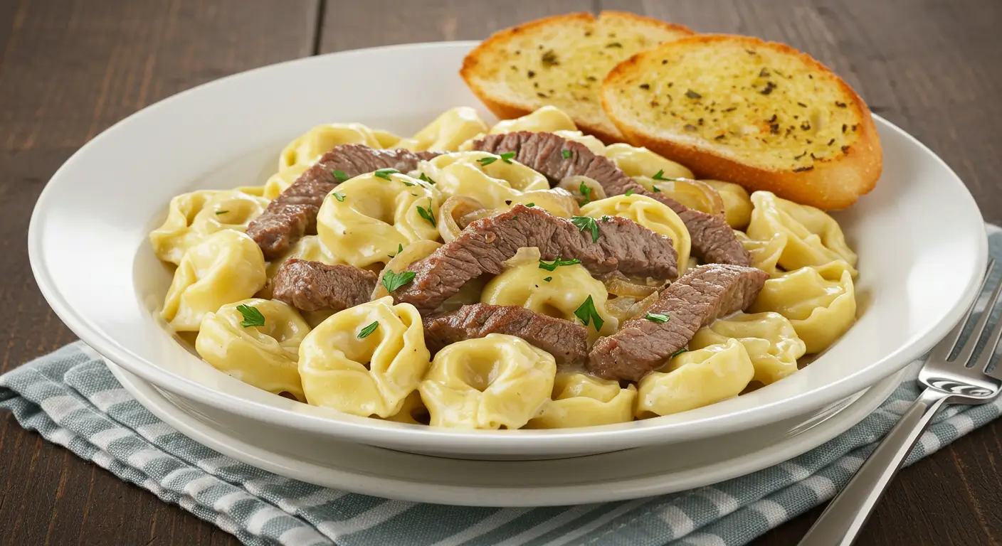 A shallow bowl with tortellini in a rich cheese sauce