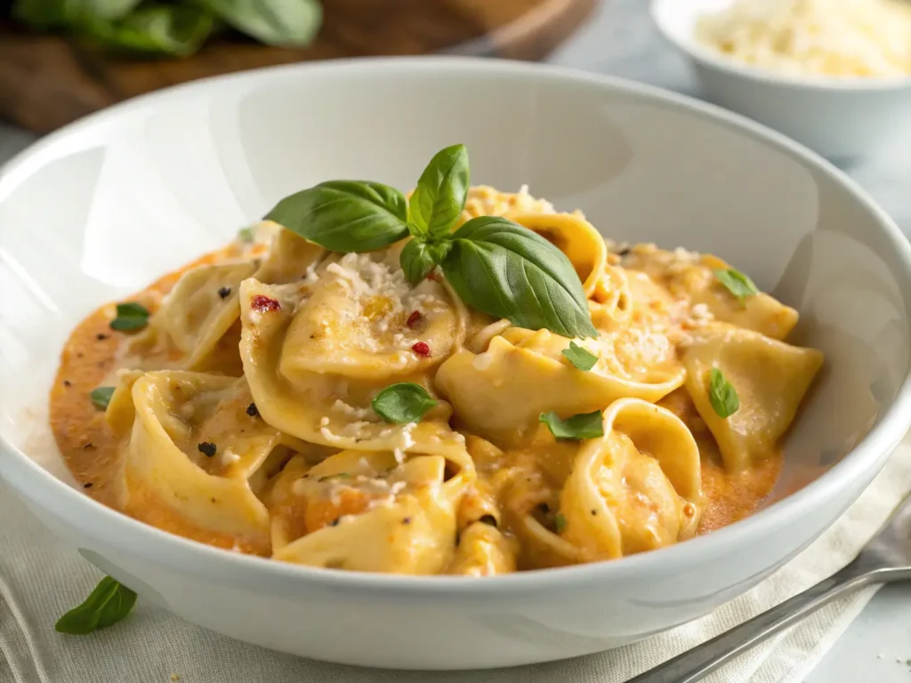 Close-up of creamy tortellini in a thick sauce with basil and Parmesan