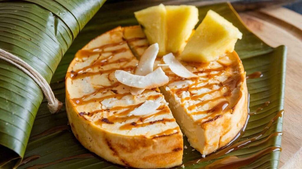 "A slice drizzled with caramel, garnished with coconut flakes and pineapple chunks, served on a banana leaf."