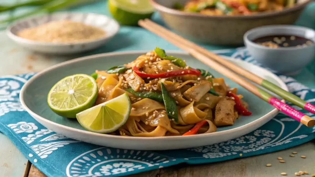 A colorful plate of noodles with fresh garnishes