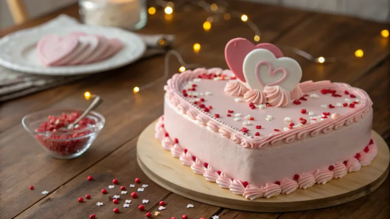 cake with pink frosting and red sprinkles on a wooden table