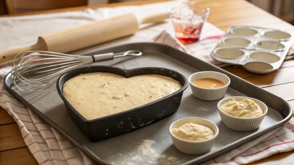 pan filled with cake batter on a baking sheet.